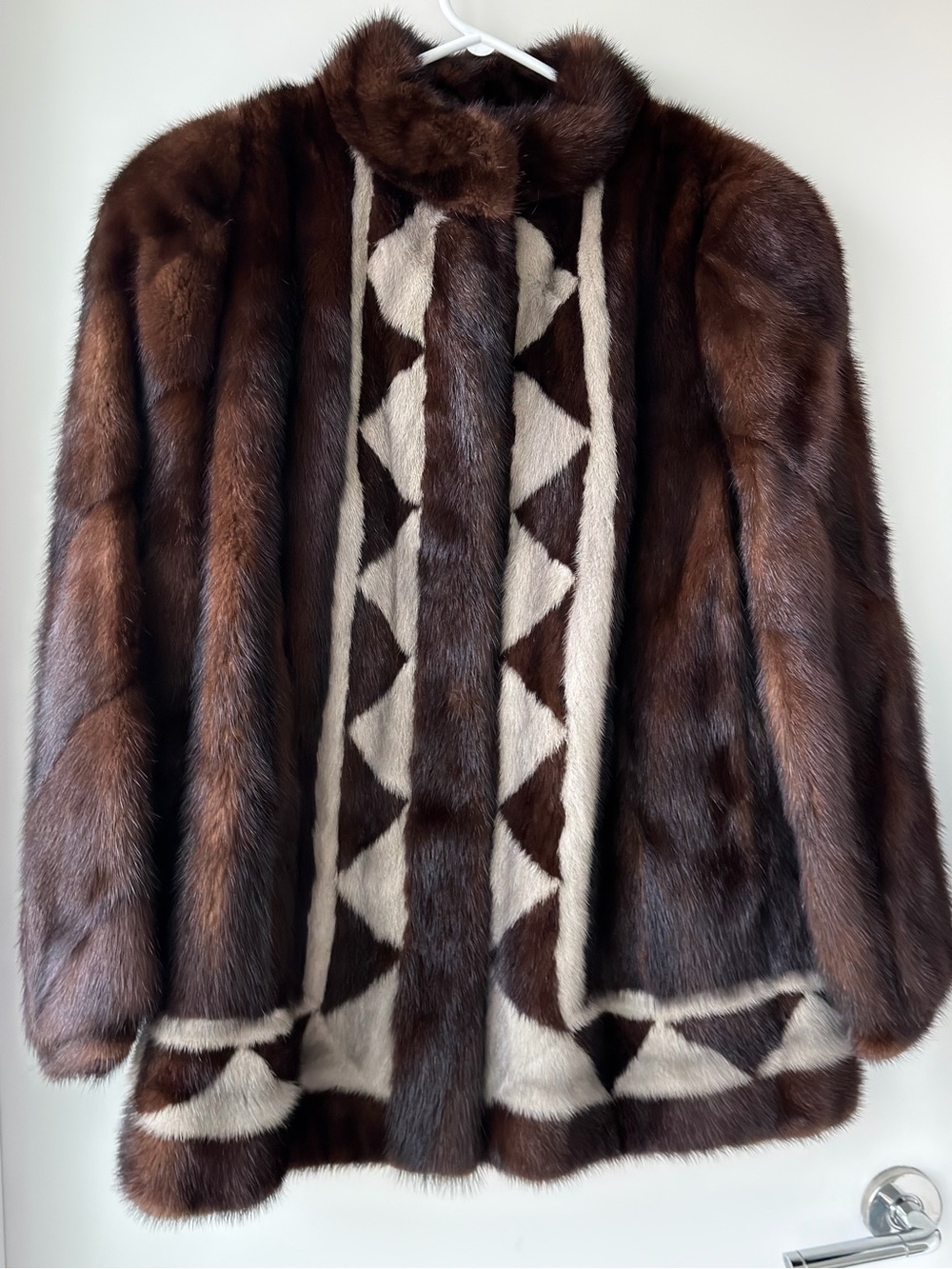 Saga Furs Brown and Cream Geometric Mink Jacket